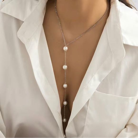 Jewelry - Silver and pearl long dangle necklace, adjustable, simple necklace, 7.8” d…